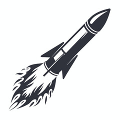 Bold black rocket soars upward, propelled by powerful flames trailing behind it beautifully