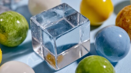 Translucent ice cube amid vibrant marbles, evoking childhood whimsy and Hygge serenity, perfect for Toy Fair nostalgia imagery