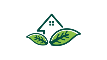 Eco-friendly house logo with leaves, symbolizing green living and sustainability.