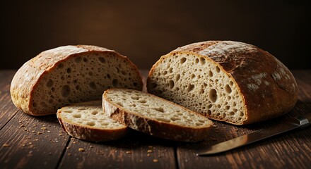 Freshly baked crusty bread slices on wooden surface close up