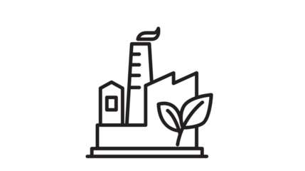An illustration of a factory with a chimney, a building, and a plant, representing environmental sustainability.