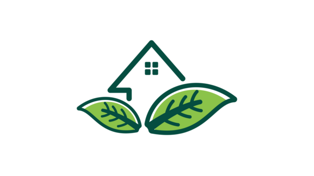 Eco-friendly house logo with leaves, symbolizing green living and sustainability. - Powered by Adobe