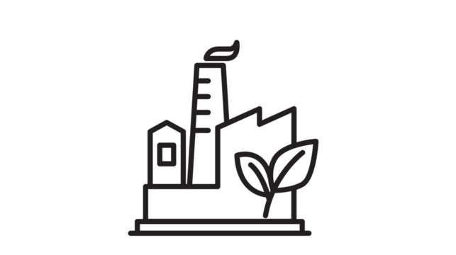 An illustration of a factory with a chimney, a building, and a plant, representing environmental sustainability.