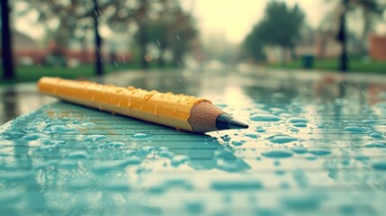 Wet yellow pencil on a turquoise table in the rain, blurry backdrop