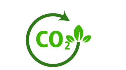 Green circular arrow with CO2 text and leaves symbolizing the carbon cycle and environmental sustainability.