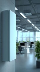 White box device mounted on wall in office interior, blurred background
