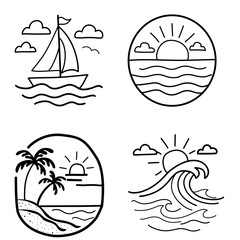 Set of minimalist black and white line art illustrations featuring a sailboat, ocean waves, palm trees, and sunset scenes, ideal for nautical and tropical design themes.