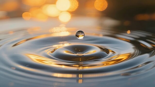 Water droplet creating ripples on a reflective surface with golden bokeh background