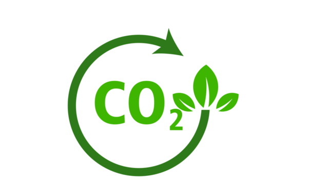 Green circular arrow with CO2 text and leaves symbolizing the carbon cycle and environmental sustainability.