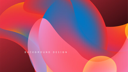 Abstract fluid shapes overlap, creating vibrant color blends. Red, blue, pink hues dominate dark background. Modern design element.