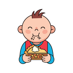 A cute cartoon baby with a full mouth happily eating a slice of apple pie with cream.