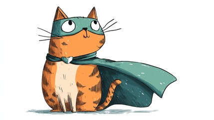 Cartoonish orange cat with superhero attire blue mask, cape, and heart-shaped emblem. Posing heroically