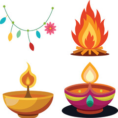 Set of Four Colorful Graphic Elements Sparkler Mandala Leaf and Ornament