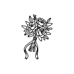Bouquet of flowers, vector bouquet of wedding, festive flowers. Sketch of a flower bouquet with a ribbon. Vector illustration.