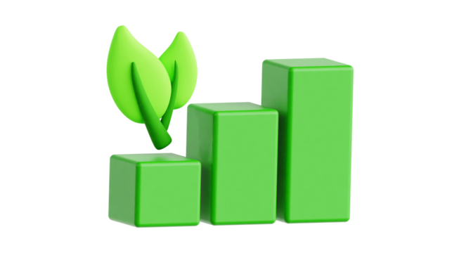 Green 3D illustration of a bar graph with leaves, representing growth and environmental sustainability.