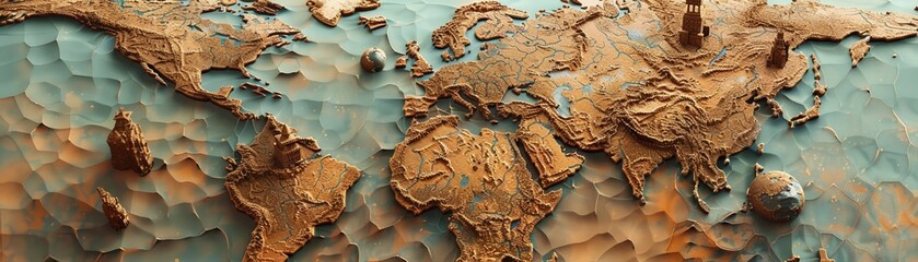 3D render iconA clay world map showcasing different fantasy regions like enchanted forests, floating islands, and volcanic wastelands 3d high quarity