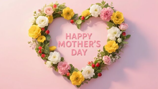 Heart-shaped floral arrangement with 'Happy Mother's Day' text on a pink background