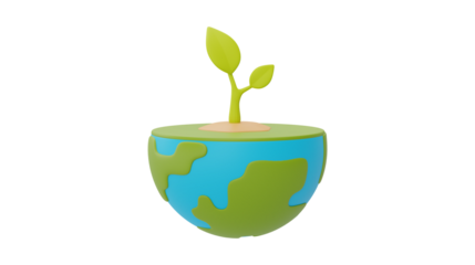 A stylized representation of the Earth with a green sprout growing from its surface, symbolizing growth and environmental care.