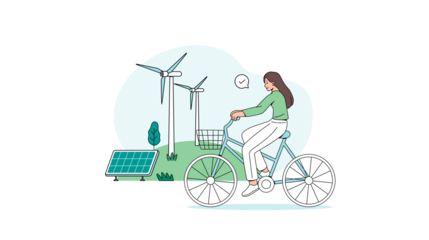 A woman rides a bicycle past wind turbines and solar panels, symbolizing a commitment to renewable energy and sustainable transportation.