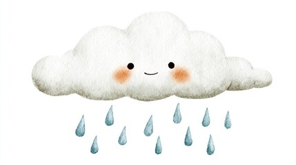 A cute cartoon cloud with rosy cheeks raining small, blue raindrops downward