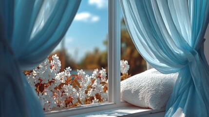 Window view blue drapes, white flowers, bright day, soft pillow, nature