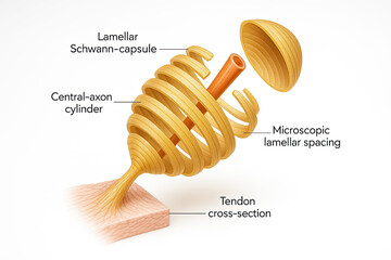 Scientific illustration of a myelinated nerve fiber with labels, showing the central axon, Schwann cell layers, and tendon cross-section.