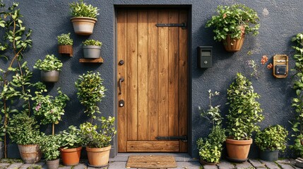 Wood door on gray wall, surrounded by many potted plants, cozy entrance