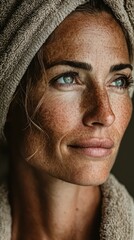 Woman with towel on head, freckled face, and piercing blue eyes looking right
