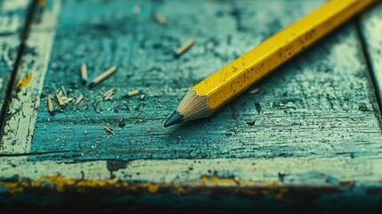 Yellow pencil on chipped, distressed teal/yellow paint surface