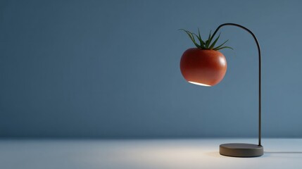 Tomato lamp glowing softly, avant-garde kitchen decor, quirky illumination for World Creativity Day, merging nature and technology ingeniously