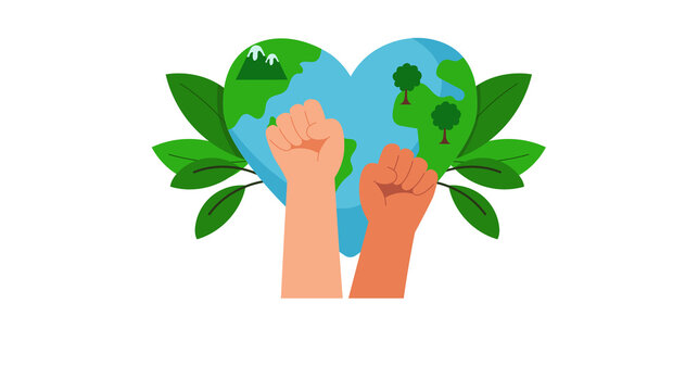 Diverse hands raised in unity for environmental protection and love for planet Earth.