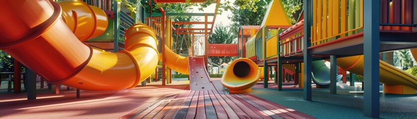 3D rendering of a colorful children s playground, with dynamic structures and lively atmosphere, creating a fun and engaging visual experience