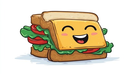 A cartoon sandwich smiles brightly with layers of cheese, tomato, and lettuce between toasted bread slices