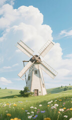 Scenic View of a Traditional Windmill in a Blooming Meadow Under a Bright Blue Sky