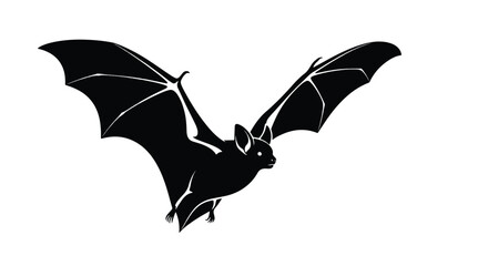 A black silhouette of a bat with its wings spread wide, isolated on a white background.