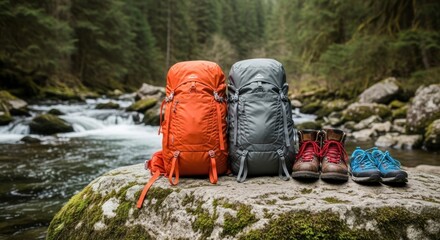 Two backpacks and hiking boots are arranged on a rock near a flowing river in a forest.