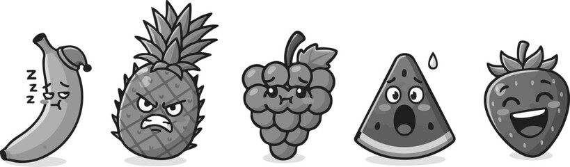 Cartoon Fruits with Expressions Banana, Pineapple, Grapes, Watermelon, and Strawberry Display Emotions