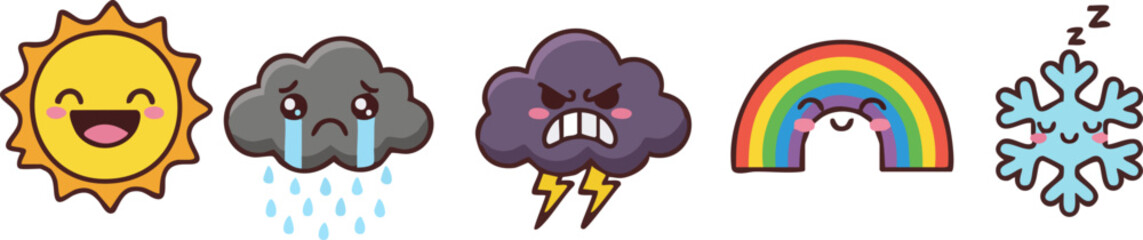 Adorable cartoon weather icons, each expressing an emotion happy sun, sad cloud, angry storm, joyful rainbow, and sleepy snowflake. A delightful visual concept