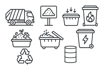 Waste management icons: recycling, trash bin, dumpster, and garbage truck symbols