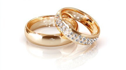Two gold wedding bands, one encrusted with diamonds, rest on a white background, casting a subtle reflection.  The rings display a polished gleam, suggesting luxury and commitment