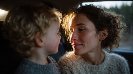 Mother and child share a knowing gaze, embodying Nordic warmth amid Hygge whispers, capturing intimate family storytelling essence