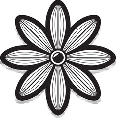 Radial black and white petal design with geometric symmetry and contrast in circular flower-like abstract pattern.