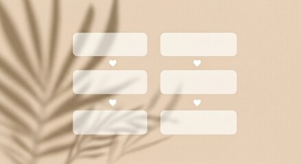 A minimalist beige background with six blank rectangles, and a palm shadow.