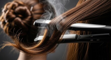 Close-up of a woman straightening her long, brown hair with a hot flat iron, creating steam. A blurred updo is visible in the background.
