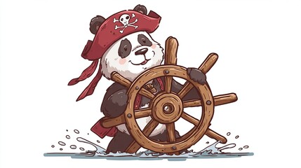 A cheerful panda, dressed as a pirate captain in a red hat with a skull and crossbones, grips a large wooden ship's wheel while wading in shallow water, splashing playfully