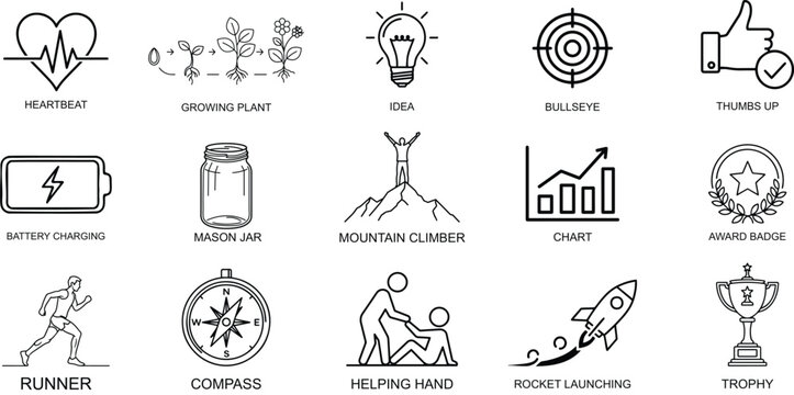 Set of Simple Line Icons for Business Concepts and Healthy Lifestyle Including Heartbeat Growing Plant Idea Bullseye Thumbs Up Battery Charging Mason Jar
