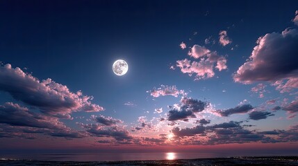 Full Moon Gleaming Through Pink Clouds Above City Silhouette Under Deep Blue Night Sky Cinematic HDR