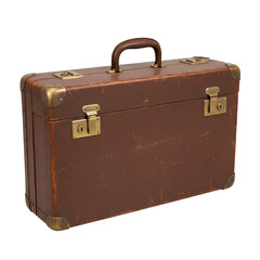 Vintage leather suitcase with brass locks, isolated on transparent background