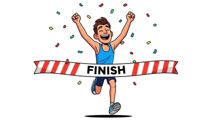 A joyful cartoon runner breaks the finish line tape with arms raised, celebrating victory.