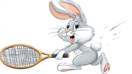 Cartoon gray rabbit holding a tennis racket